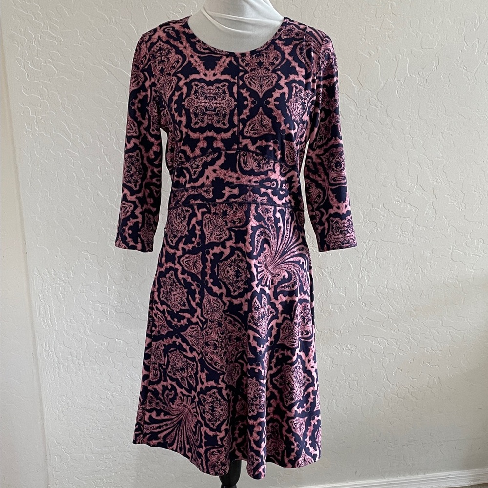 Title Nine navy and pink patterned knit dress, size Medium, EUC
